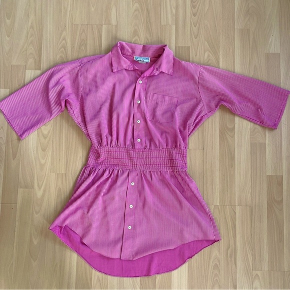 Vintage Tops - Vintage Oversized Striped Button Down Top Shirt Dress Nautical red pink white